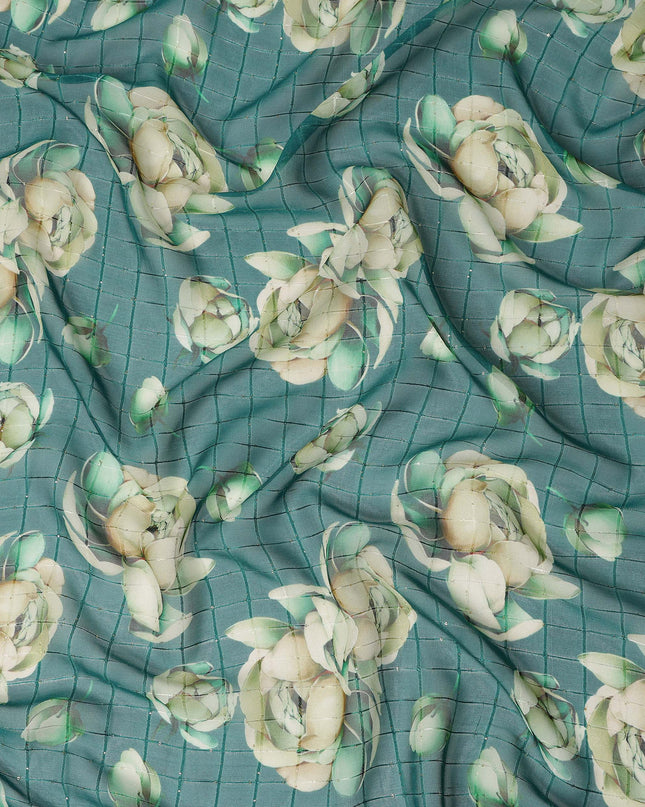 Green Cream Floral Rose Print Viscose Georgette Fabric Soft Lightweight Flowing Dressmaking Sewing Material Floral Grid Design Printed Fabric 110 Cms Width Made in India-D28218