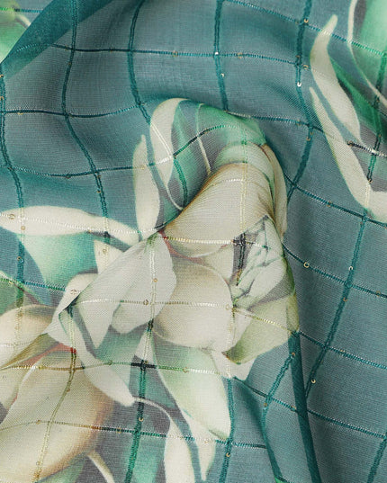 Green Cream Floral Rose Print Viscose Georgette Fabric Soft Lightweight Flowing Dressmaking Sewing Material Floral Grid Design Printed Fabric 110 Cms Width Made in India-D28218