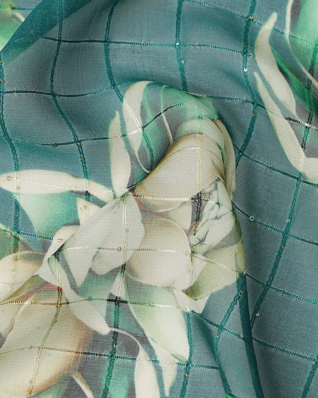 Green Cream Floral Rose Print Viscose Georgette Fabric Soft Lightweight Flowing Dressmaking Sewing Material Floral Grid Design Printed Fabric 110 Cms Width Made in India-D28218