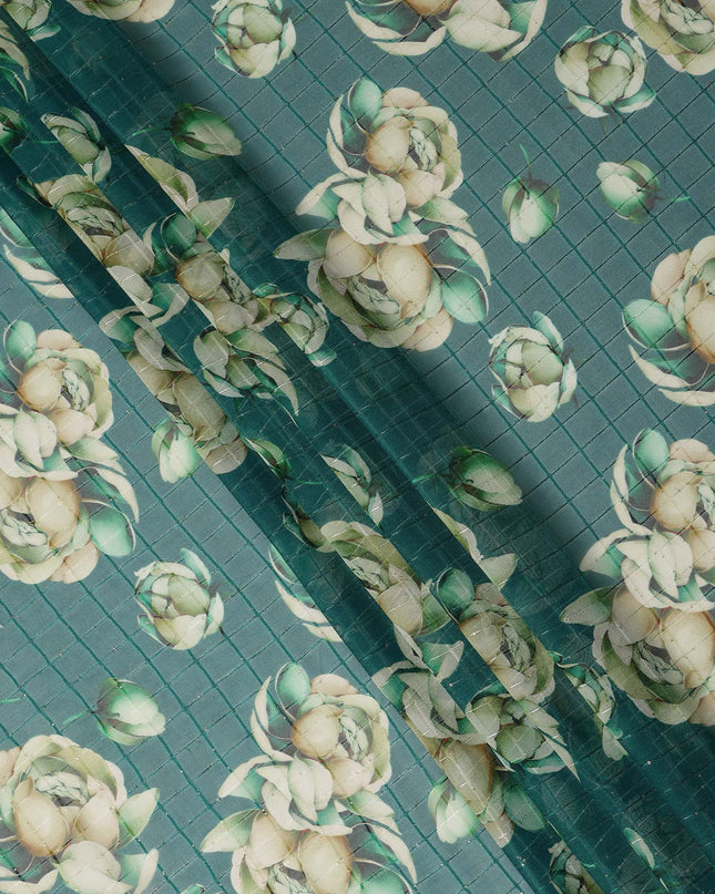 Green Cream Floral Rose Print Viscose Georgette Fabric Soft Lightweight Flowing Dressmaking Sewing Material Floral Grid Design Printed Fabric 110 Cms Width Made in India-D28218