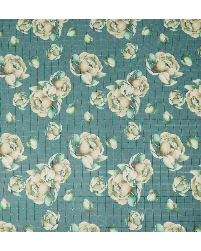 Green Cream Floral Rose Print Viscose Georgette Fabric Soft Lightweight Flowing Dressmaking Sewing Material Floral Grid Design Printed Fabric 110 Cms Width Made in India-D28218