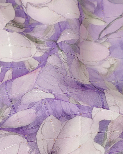 Purple White Floral Blossom Print Viscose Georgette Fabric Soft Lightweight Flowing Dressmaking Sewing Material Botanical Flower Printed Fabric 110 Cms Width Made in India-D28217