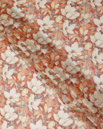 Terracotta Orange Magnolia Floral Botanical Print Viscose Georgette Fabric Soft Lightweight Flowing Elegant Floral Dressmaking Sewing Material 110 Cms Width Made in India-D28241