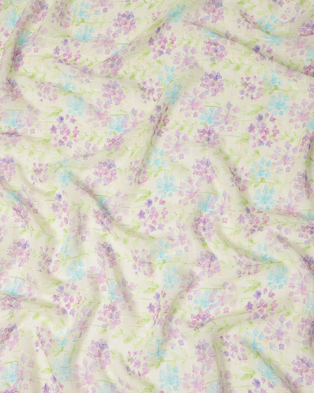 Ivory Pastel Lilac Blue Floral Vine Print Viscose Georgette Fabric Soft Lightweight Flowing Botanical Dressmaking Sewing Material Elegant Floral Fabric 110 Cms Width Made in India-D28243