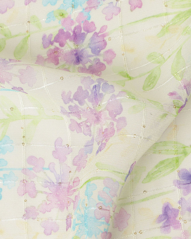 Ivory Pastel Lilac Blue Floral Vine Print Viscose Georgette Fabric Soft Lightweight Flowing Botanical Dressmaking Sewing Material Elegant Floral Fabric 110 Cms Width Made in India-D28243