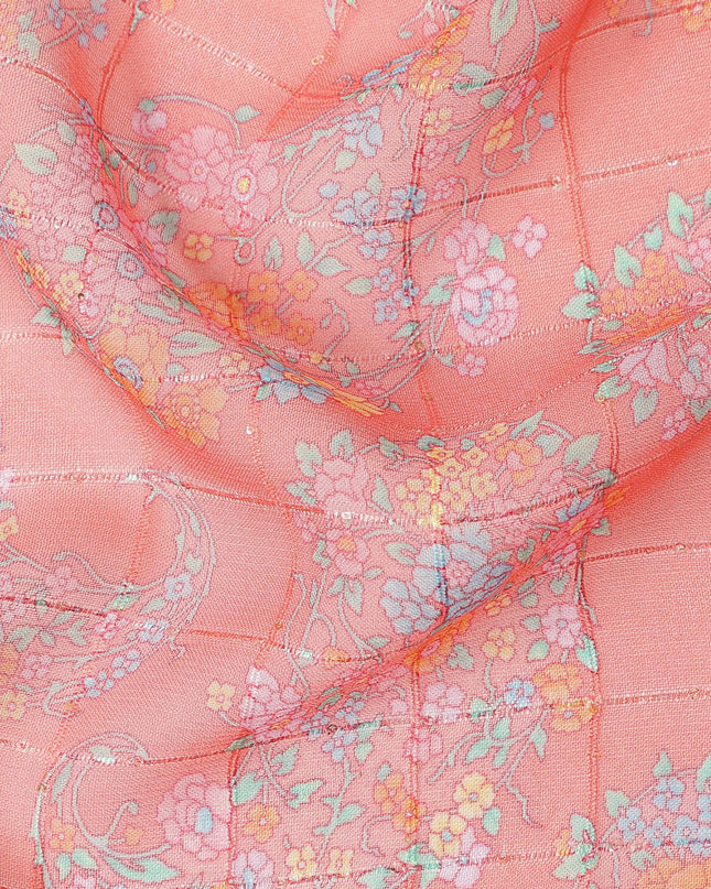 Coral Pink Paisley Floral Print Viscose Georgette Fabric Soft Lightweight Flowing Dressmaking Sewing Material Ornamental Paisley Printed Fabric 110 Cms Width Made in India-D28230