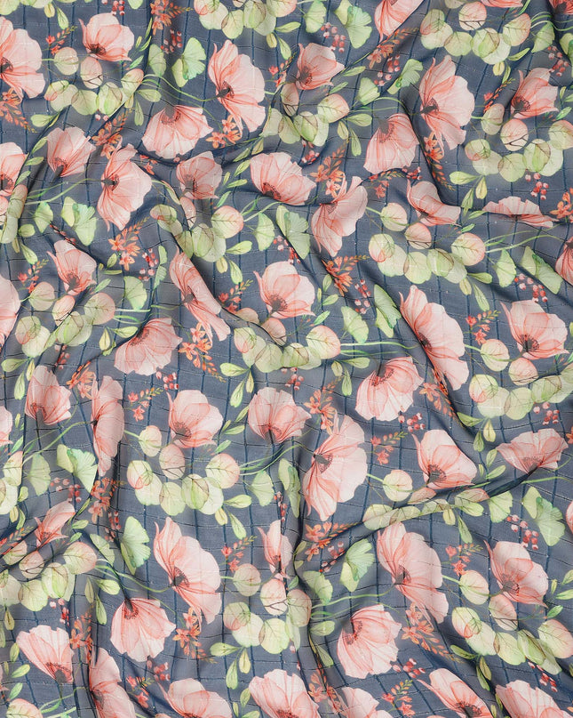 Charcoal Blue Large Poppy Floral Print Viscose Georgette Fabric Soft Lightweight Flowing Botanical Dressmaking Sewing Material Elegant Floral Printed Fabric 110 Cms Width Made in India-D28236