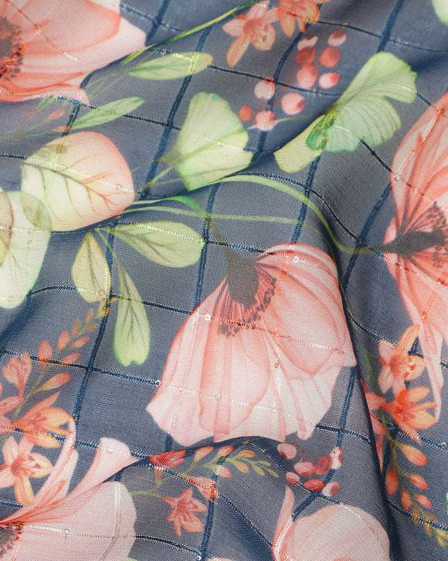 Charcoal Blue Large Poppy Floral Print Viscose Georgette Fabric Soft Lightweight Flowing Botanical Dressmaking Sewing Material Elegant Floral Printed Fabric 110 Cms Width Made in India-D28236