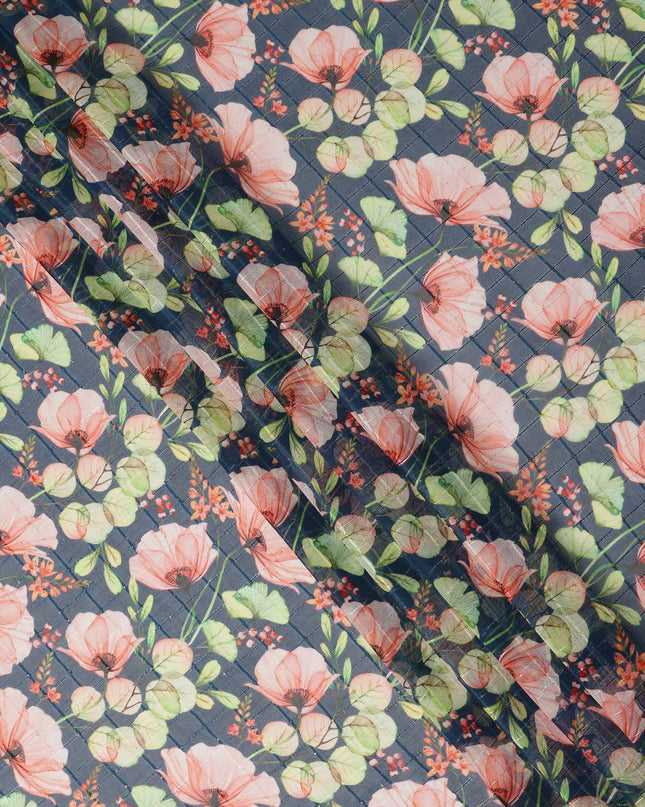 Charcoal Blue Large Poppy Floral Print Viscose Georgette Fabric Soft Lightweight Flowing Botanical Dressmaking Sewing Material Elegant Floral Printed Fabric 110 Cms Width Made in India-D28236