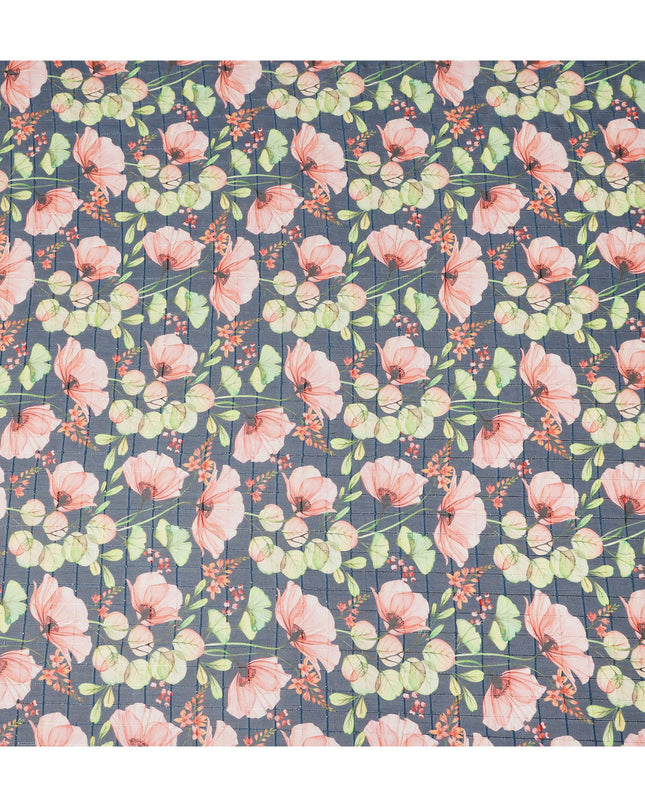 Charcoal Blue Large Poppy Floral Print Viscose Georgette Fabric Soft Lightweight Flowing Botanical Dressmaking Sewing Material Elegant Floral Printed Fabric 110 Cms Width Made in India-D28236
