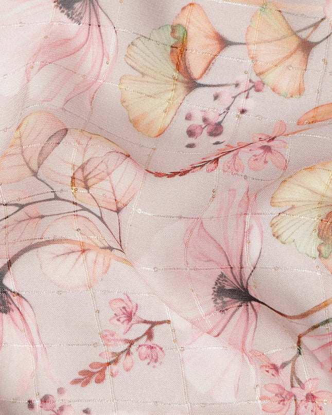 Beige Peach Botanical Floral Branch Print Viscose Georgette Fabric Soft Lightweight Flowing Dressmaking Sewing Material Elegant Floral Printed Fabric 110 Cms Width Made in India-D28240