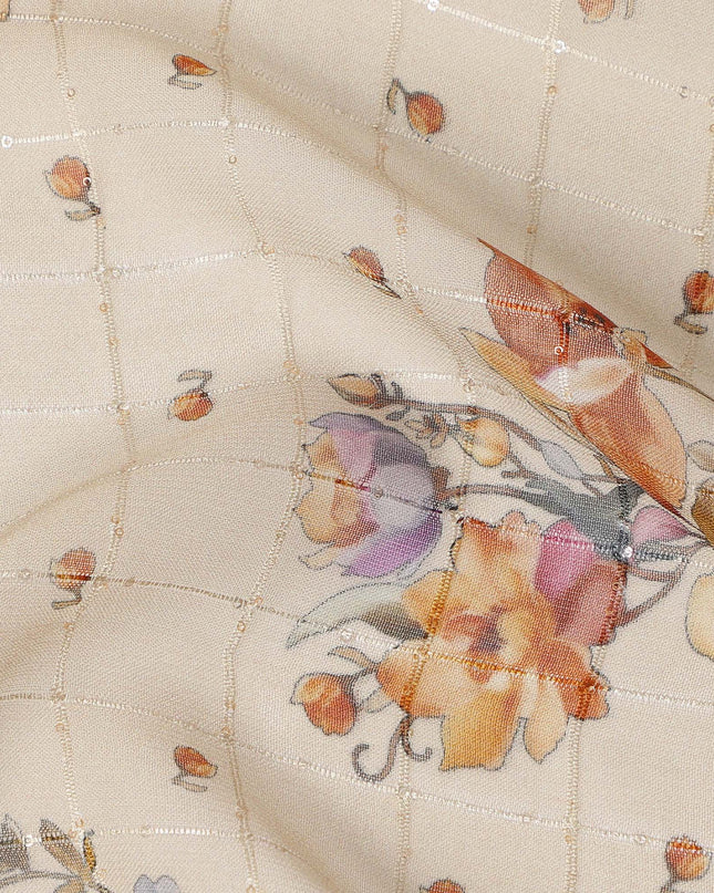 Beige Multicolor Floral Bouquet Print Viscose Georgette Fabric Soft Lightweight Flowing Dressmaking Sewing Material Delicate Botanical Printed Fabric 110 Cms Width Made in India-D28233