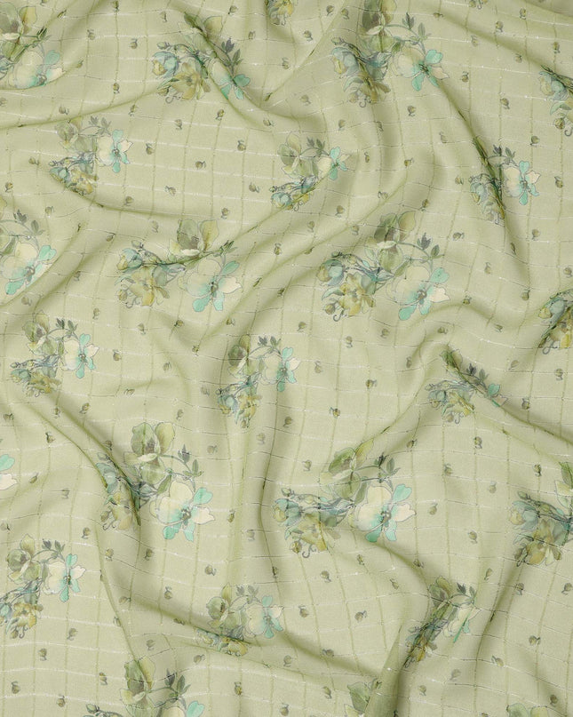 Light Green Botanical Floral Bouquet Print Viscose Georgette Fabric Soft Lightweight Flowing Dressmaking Sewing Material Floral Grid Design Fabric 110 Cms Width Made in India-D28226