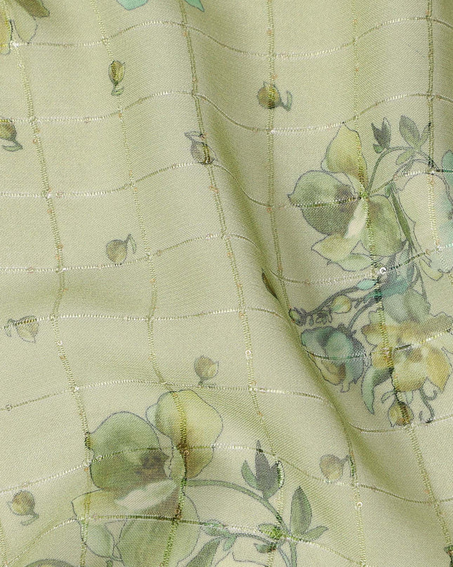 Light Green Botanical Floral Bouquet Print Viscose Georgette Fabric Soft Lightweight Flowing Dressmaking Sewing Material Floral Grid Design Fabric 110 Cms Width Made in India-D28226