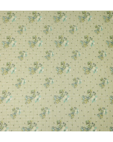 Light Green Botanical Floral Bouquet Print Viscose Georgette Fabric Soft Lightweight Flowing Dressmaking Sewing Material Floral Grid Design Fabric 110 Cms Width Made in India-D28226