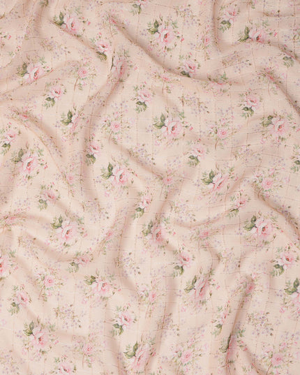 Beige Pink Delicate Floral Rose Bouquet Print Viscose Georgette Fabric Soft Lightweight Flowing Dressmaking Sewing Material Floral Grid Design Fabric 110 Cms Width Made in India-D28221