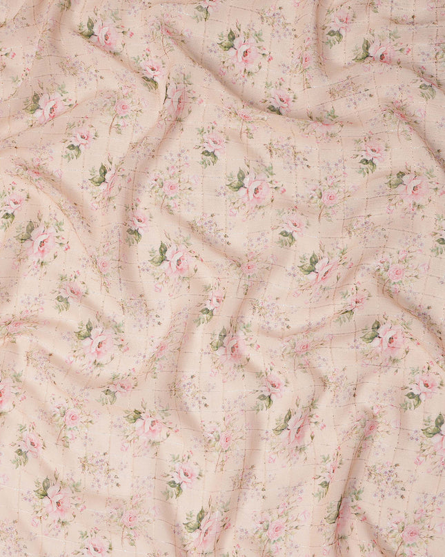 Beige Pink Delicate Floral Rose Bouquet Print Viscose Georgette Fabric Soft Lightweight Flowing Dressmaking Sewing Material Floral Grid Design Fabric 110 Cms Width Made in India-D28221