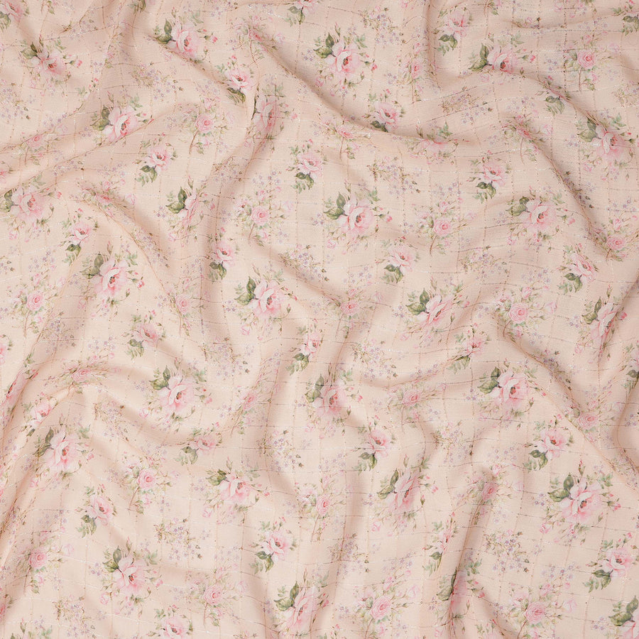 Beige Pink Delicate Floral Rose Bouquet Print Viscose Georgette Fabric Soft Lightweight Flowing Dressmaking Sewing Material Floral Grid Design Fabric 110 Cms Width Made in India-D28221