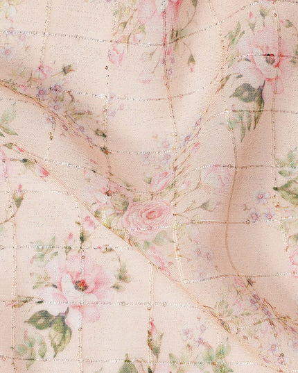 Beige Pink Delicate Floral Rose Bouquet Print Viscose Georgette Fabric Soft Lightweight Flowing Dressmaking Sewing Material Floral Grid Design Fabric 110 Cms Width Made in India-D28221