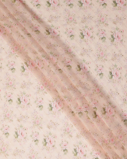 Beige Pink Delicate Floral Rose Bouquet Print Viscose Georgette Fabric Soft Lightweight Flowing Dressmaking Sewing Material Floral Grid Design Fabric 110 Cms Width Made in India-D28221