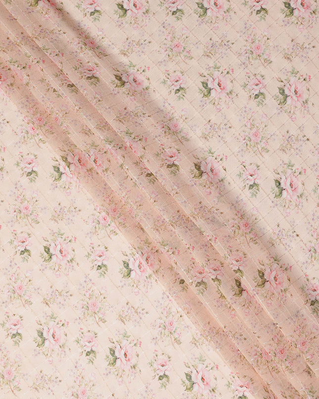 Beige Pink Delicate Floral Rose Bouquet Print Viscose Georgette Fabric Soft Lightweight Flowing Dressmaking Sewing Material Floral Grid Design Fabric 110 Cms Width Made in India-D28221
