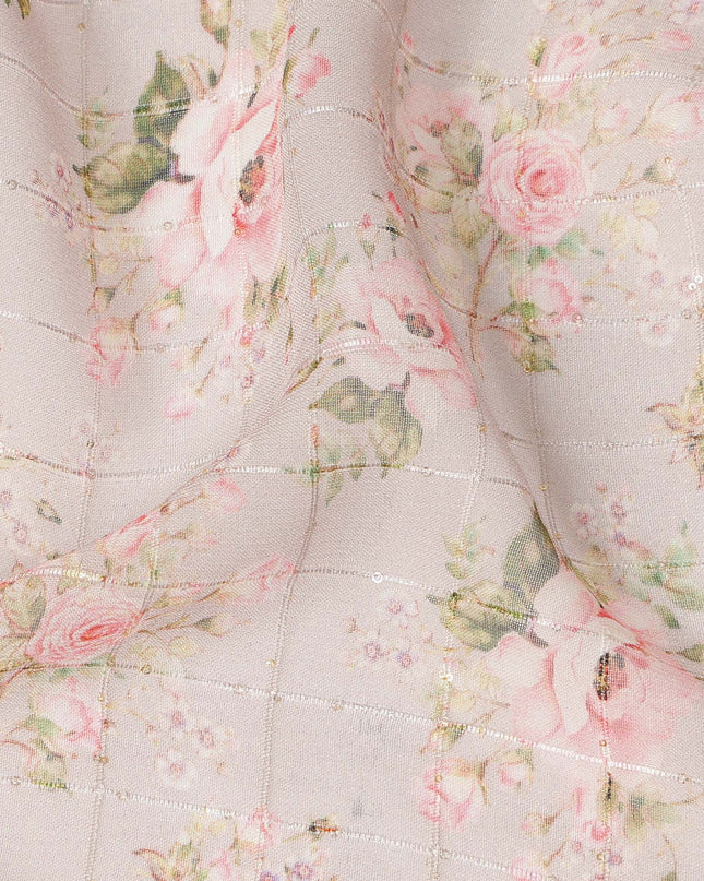Beige Vintage Rose Floral Bouquet Print Viscose Georgette Fabric Soft Lightweight Flowing Botanical Dressmaking Sewing Material Delicate Floral Printed Fabric 110 Cms Width Made in India-D28238
