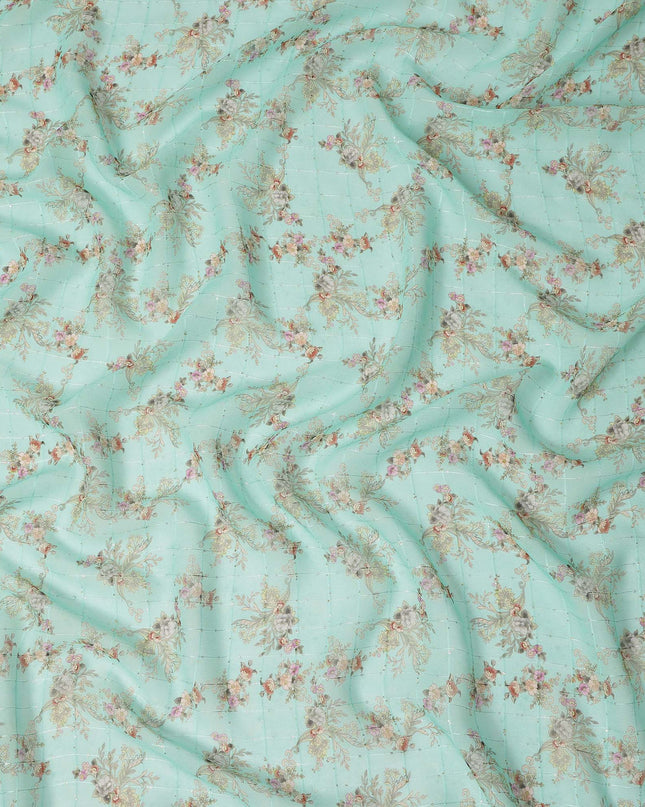 Mint Green Vintage Floral Bouquet Print Viscose Georgette Fabric Soft Lightweight Flowing Dressmaking Sewing Material Botanical Floral Printed Fabric 110 Cms Width Made in India-D28232