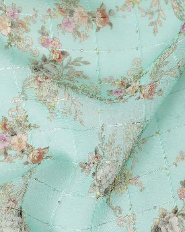 Mint Green Vintage Floral Bouquet Print Viscose Georgette Fabric Soft Lightweight Flowing Dressmaking Sewing Material Botanical Floral Printed Fabric 110 Cms Width Made in India-D28232