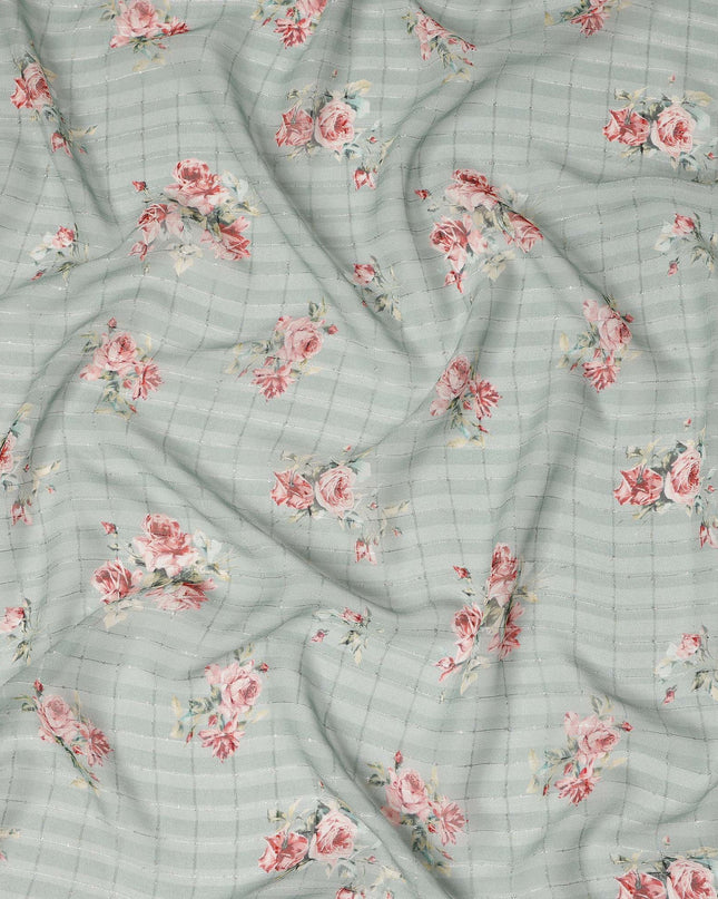 Sage Green Vintage Rose Floral Bouquet Print Viscose Georgette Fabric Soft Lightweight Flowing Botanical Dressmaking Sewing Material Delicate Floral Printed Fabric 110 Cms Width Made in India-D28239