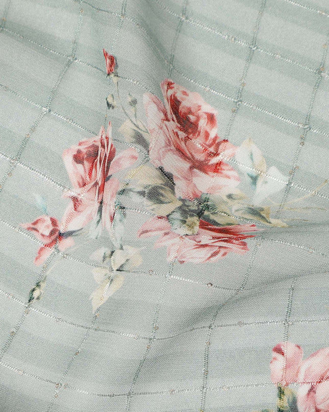 Sage Green Vintage Rose Floral Bouquet Print Viscose Georgette Fabric Soft Lightweight Flowing Botanical Dressmaking Sewing Material Delicate Floral Printed Fabric 110 Cms Width Made in India-D28239