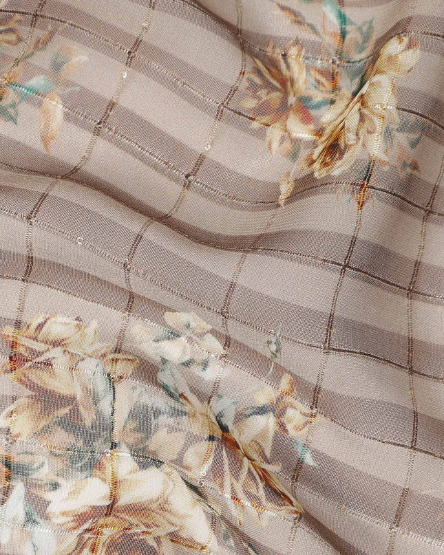 Taupe Beige Vintage Rose Floral Bouquet Print Viscose Georgette Fabric Soft Lightweight Flowing Elegant Floral Dressmaking Sewing Material 110 Cms Width Made in India-D28242