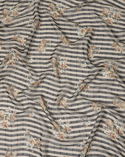 Black Beige Striped Floral Rose Print Viscose Georgette Fabric Soft Lightweight Flowing Dressmaking Sewing Material Stripe Floral Printed Fabric 110 Cms Width Made in India-D28225