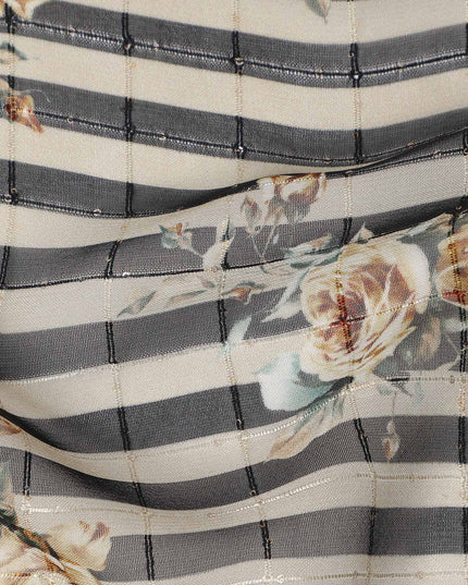 Black Beige Striped Floral Rose Print Viscose Georgette Fabric Soft Lightweight Flowing Dressmaking Sewing Material Stripe Floral Printed Fabric 110 Cms Width Made in India-D28225