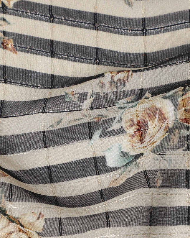 Black Beige Striped Floral Rose Print Viscose Georgette Fabric Soft Lightweight Flowing Dressmaking Sewing Material Stripe Floral Printed Fabric 110 Cms Width Made in India-D28225