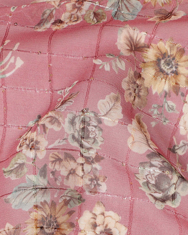 Pink Vintage Floral Garden Print Viscose Georgette Fabric Soft Lightweight Flowing Dressmaking Sewing Material Botanical Flower Printed Fabric 110 Cms Width Made in India-D28220