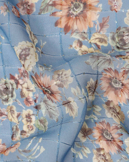 Blue Vintage Floral Garden Print Viscose Georgette Fabric Soft Lightweight Flowing Dressmaking Sewing Material Botanical Flower Printed Fabric 110 Cms Width Made in India-D28231 - Regal Fabrics