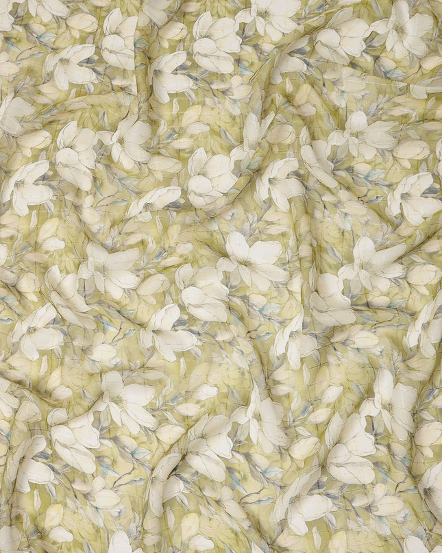 Olive Green Magnolia Floral Botanical Print Viscose Georgette Fabric Soft Lightweight Flowing Elegant Floral Dressmaking Sewing Material 110 Cms Width Made in India-D28244