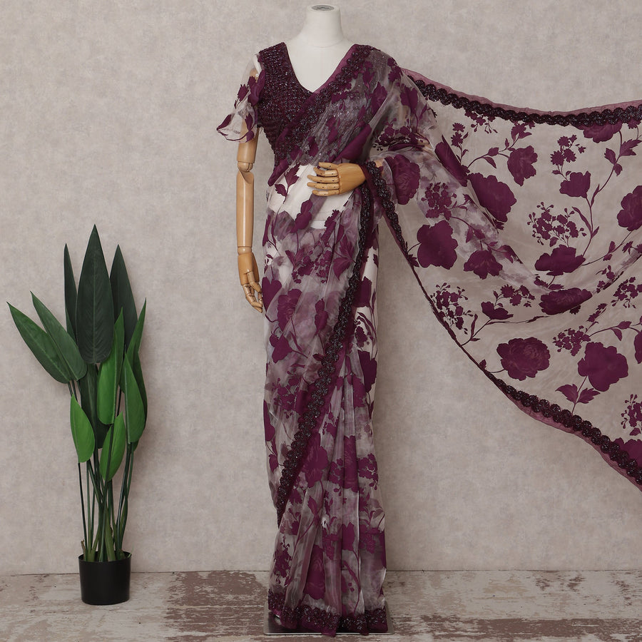 Wine Red Pure Silk Organza Saree 110cm