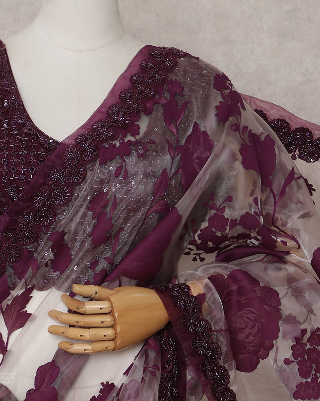 Wine Red Pure Silk Organza Saree 110cm