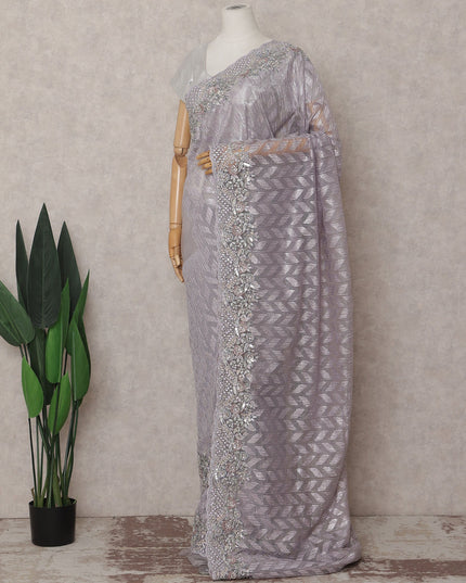 Lavender Grey Embroidered Net Saree 110cm