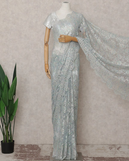 Frost Aqua Blue French Chantilly Lace Saree 5.5m