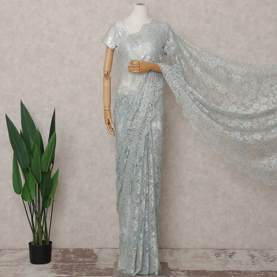 Frost Aqua Blue French Chantilly Lace Saree 5.5m