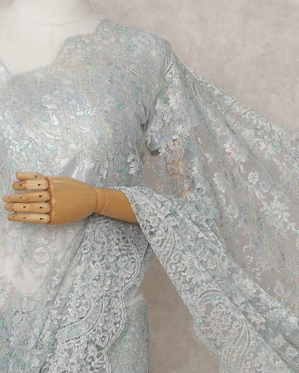 Frost Aqua Blue French Chantilly Lace Saree 5.5m