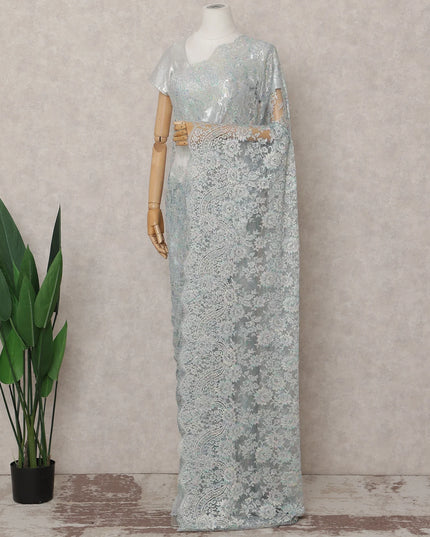 Frost Aqua Blue French Chantilly Lace Saree 5.5m