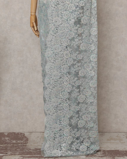 Frost Aqua Blue French Chantilly Lace Saree 5.5m