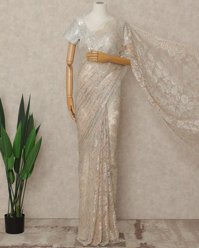Beige French Metallic Chantilly Lace Saree