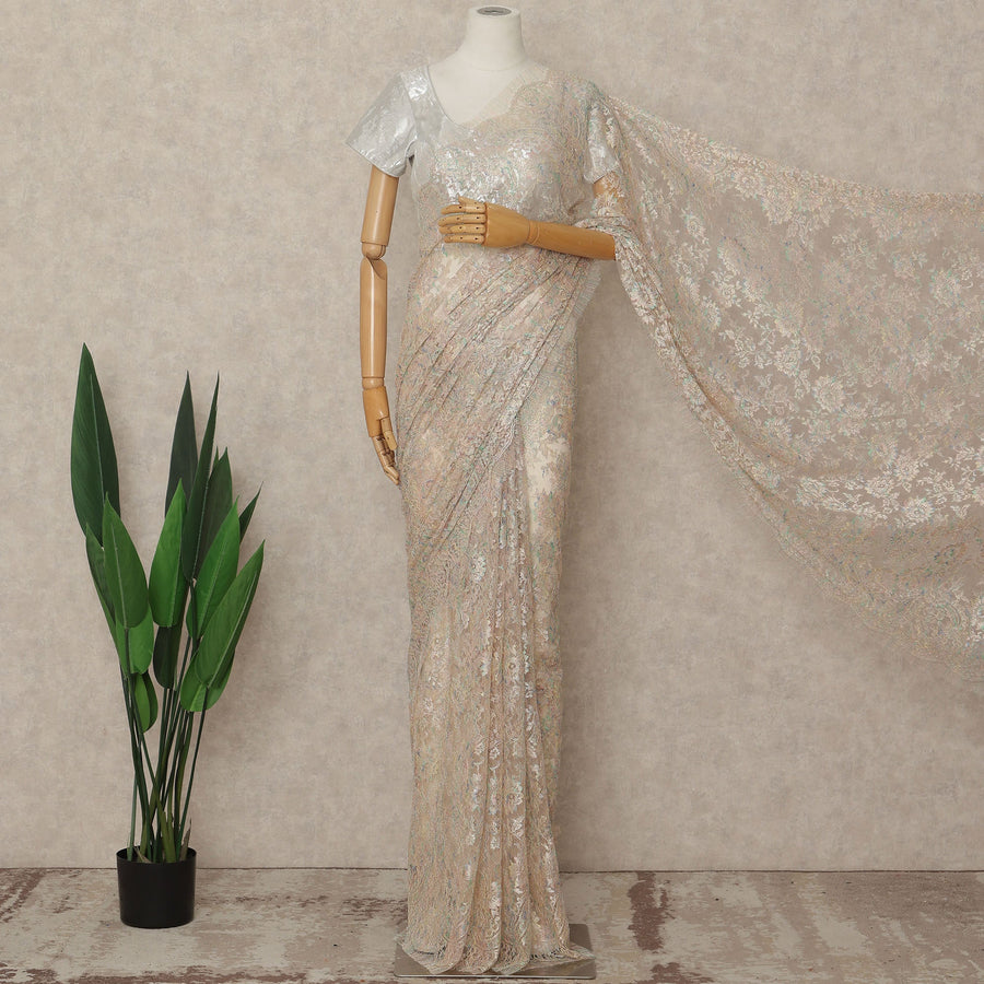 Beige French Metallic Chantilly Lace Saree