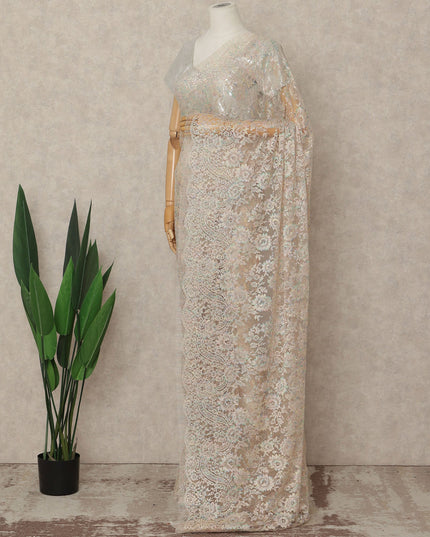 Beige French Metallic Chantilly Lace Saree