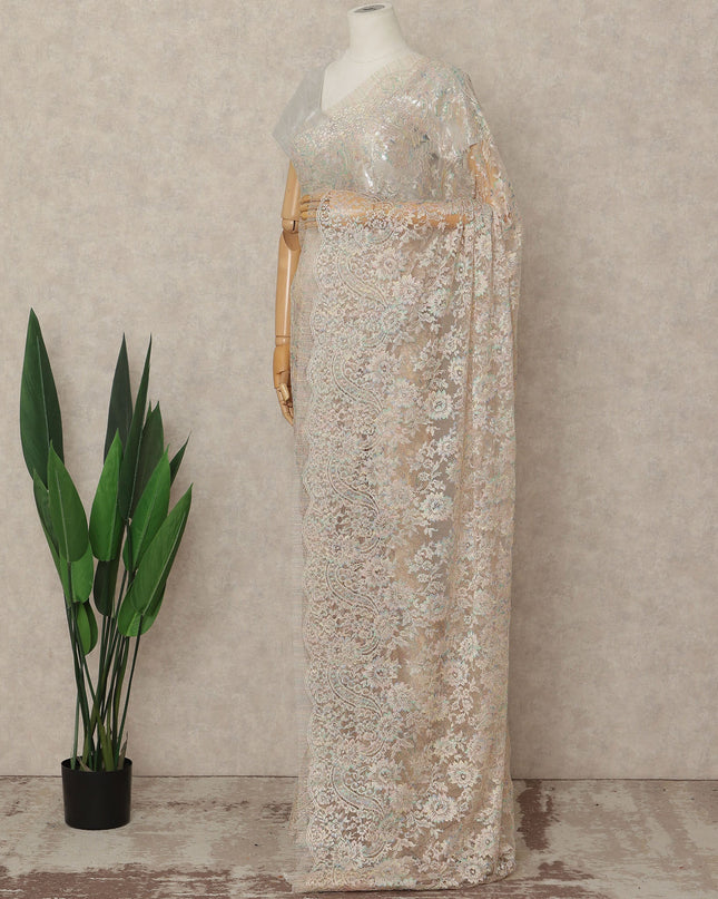 Beige French Metallic Chantilly Lace Saree