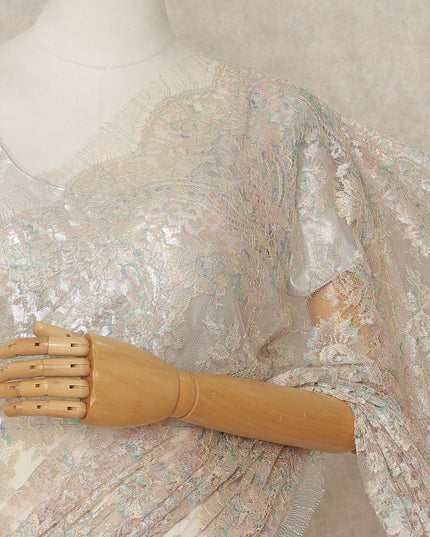 Beige French Metallic Chantilly Lace Saree